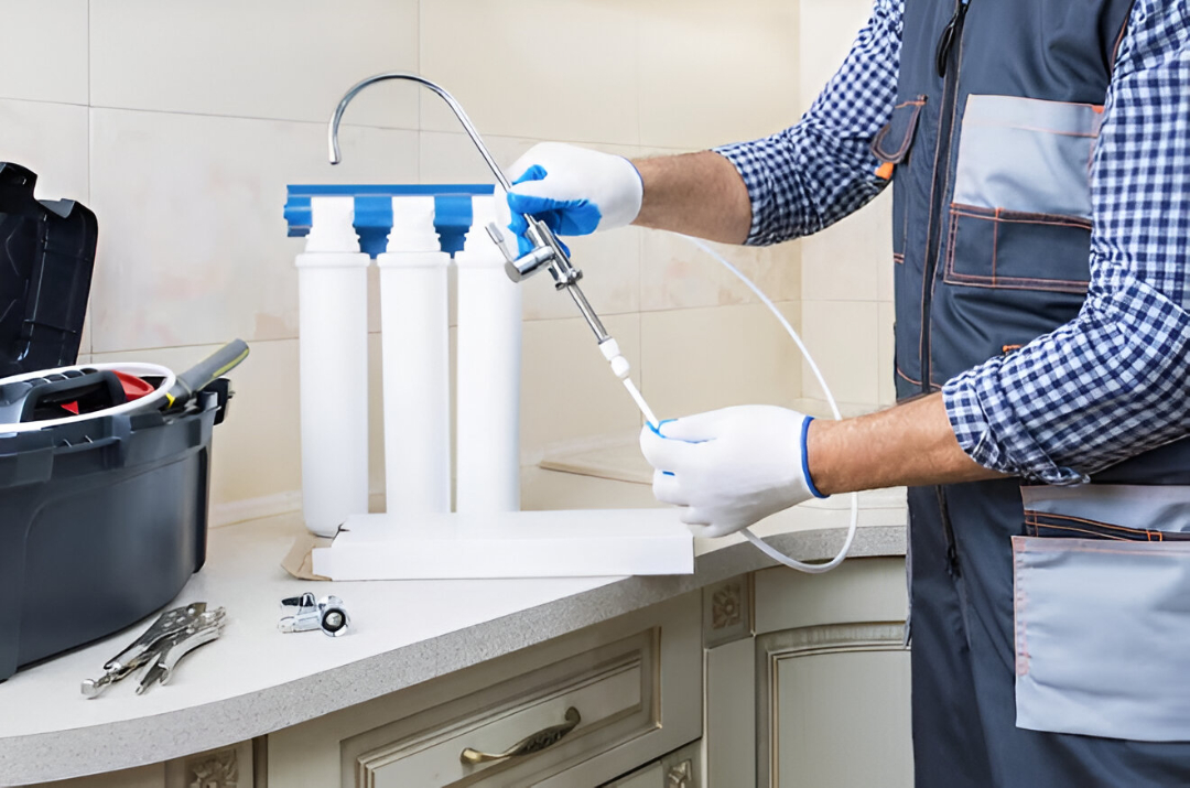 Technician servicing and replacing home water filter cartridges in Sydney