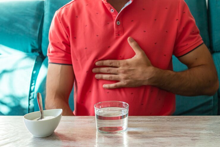 A person in a red shirt holds their chest while sitting at a table with a glass of water from an Alkaline Water Filter and a bowl containing a spoon, possibly seeking relief by neutralising acidity.