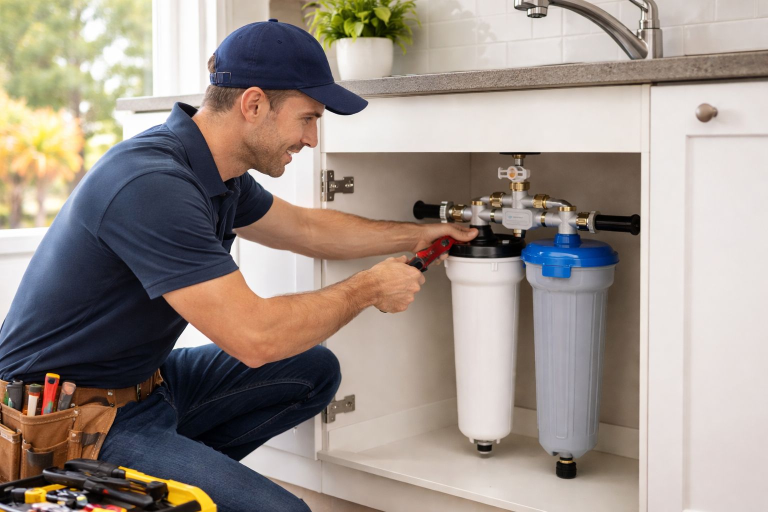 - Full House Water Filtration Technician installing water filtration systems in a Sydney home