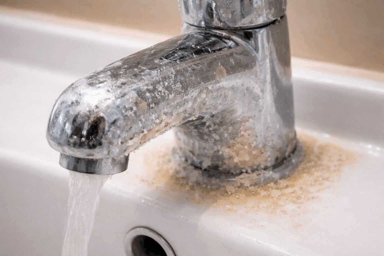Hard water mineral scale buildup on tap