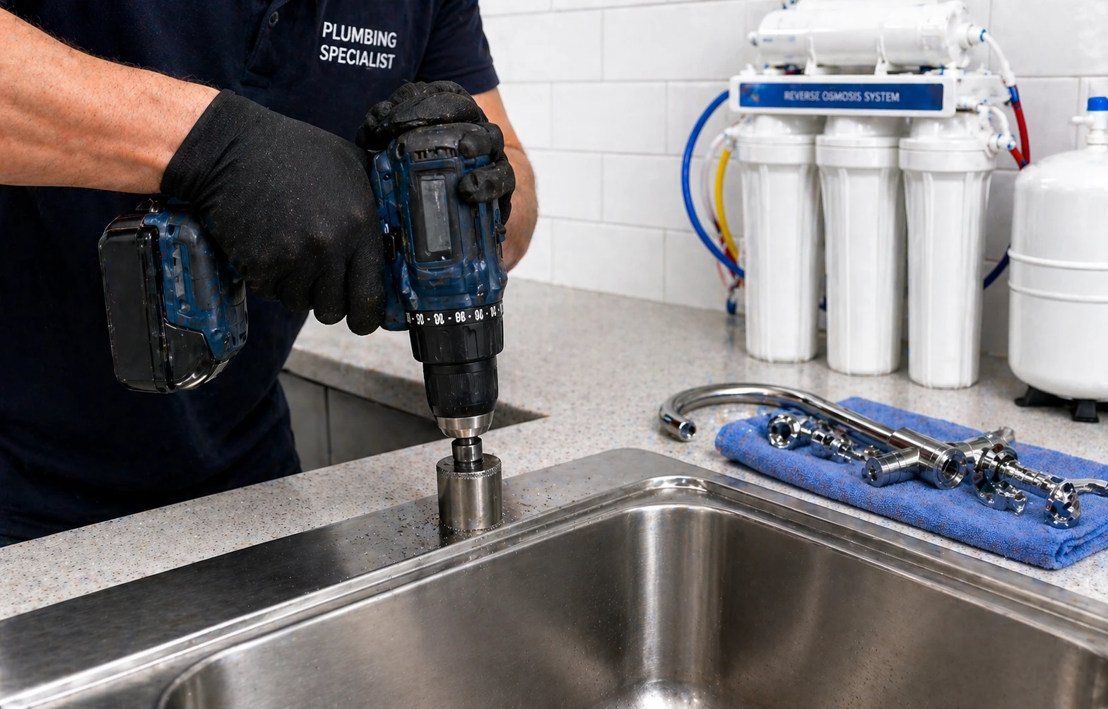 Plumber in a dark shirt labeled 'Plumbing Specialist' drills a metal fitting at a sink on a workshop counter, with tools and a water filtration system in the background