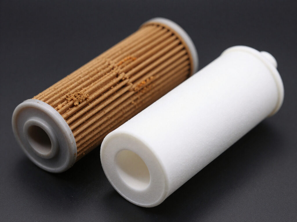 Two cylindrical filters, a dirty brown pleated filter beside a clean white replacement filter on a dark background.