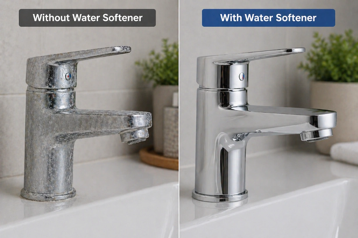 A comparison showing heavy limescale buildup on a tap versus a clean tap protected by a water softener.