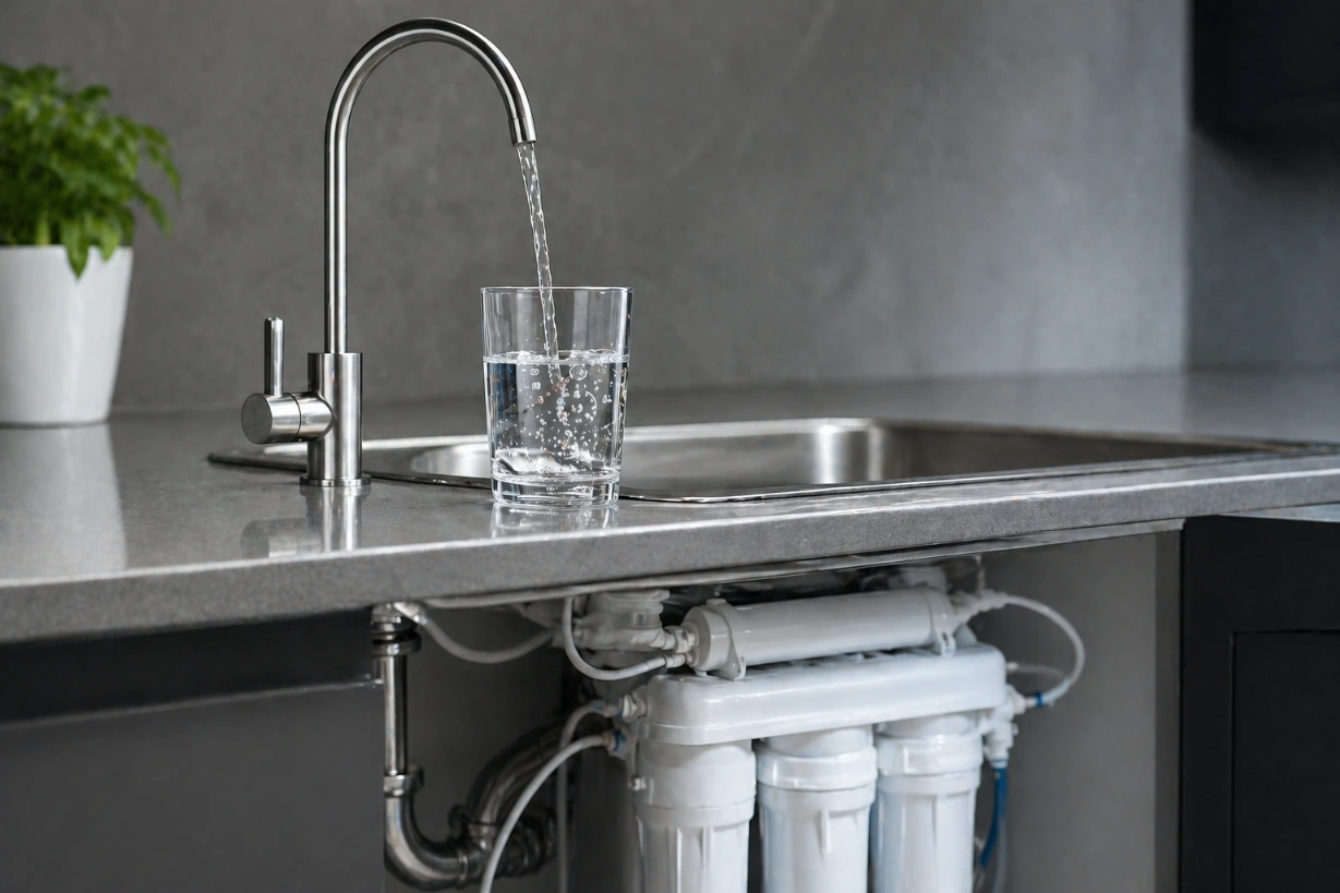 Pure filtered water pouring from a dedicated faucet of a built-in water filter system.