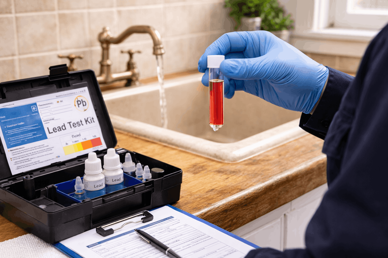 A professional water quality test being performed in an older Sydney home to detect the presence of heavy metals.