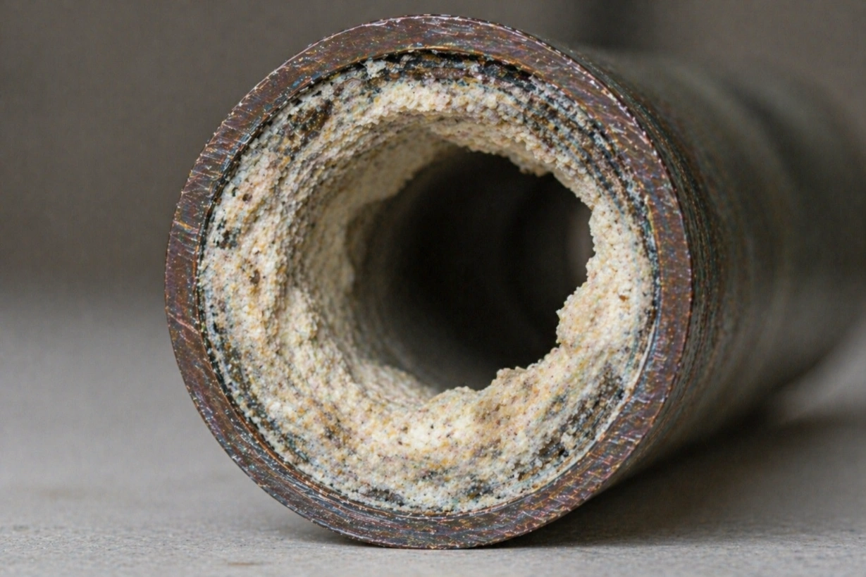Close-up of a rusted metal pipe interior with mineral crust forming a ring.