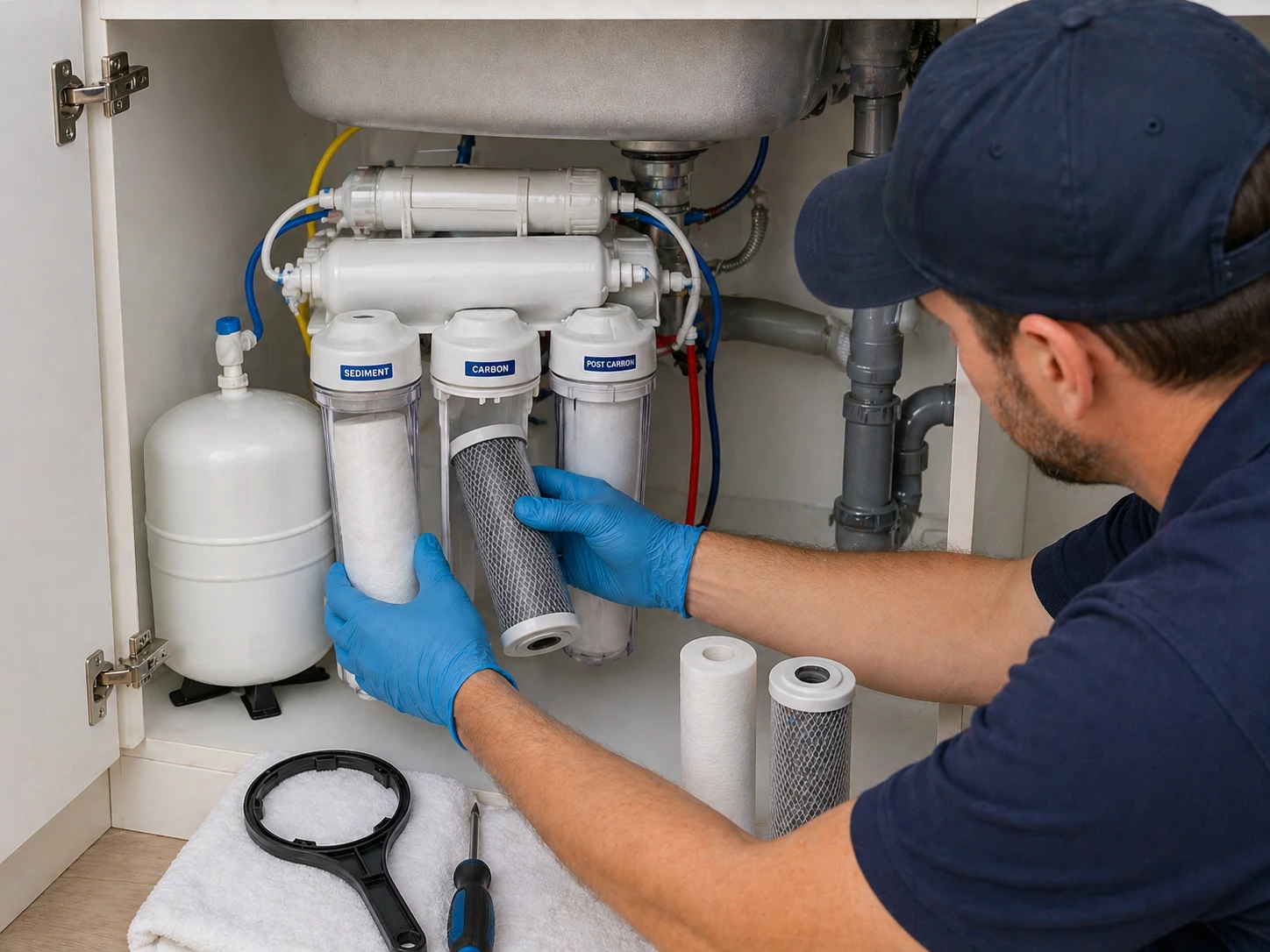 Performing routine maintenance on an under sink RO installation by swapping out sediment and carbon pre-filters.