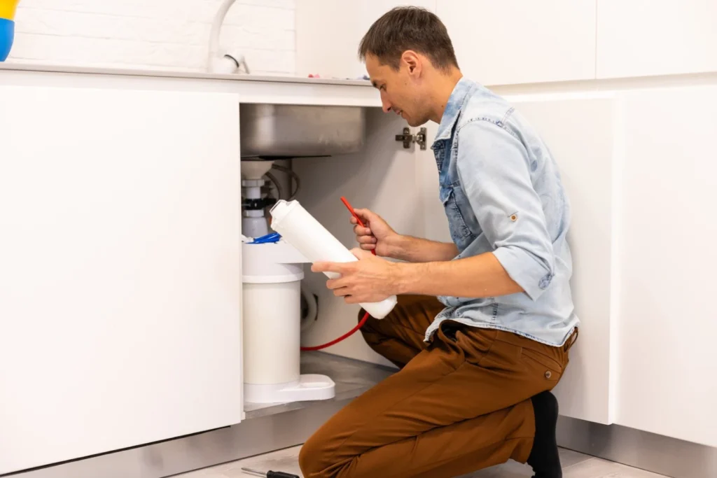 A professional under sink water filter system installed in a modern Sydney kitchen cupboard.