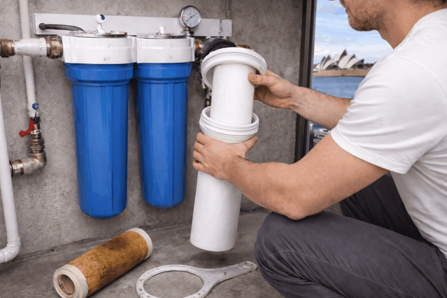 A professional plumber performing a water filter installation of a 5-micron sediment system in a Sydney residence.
