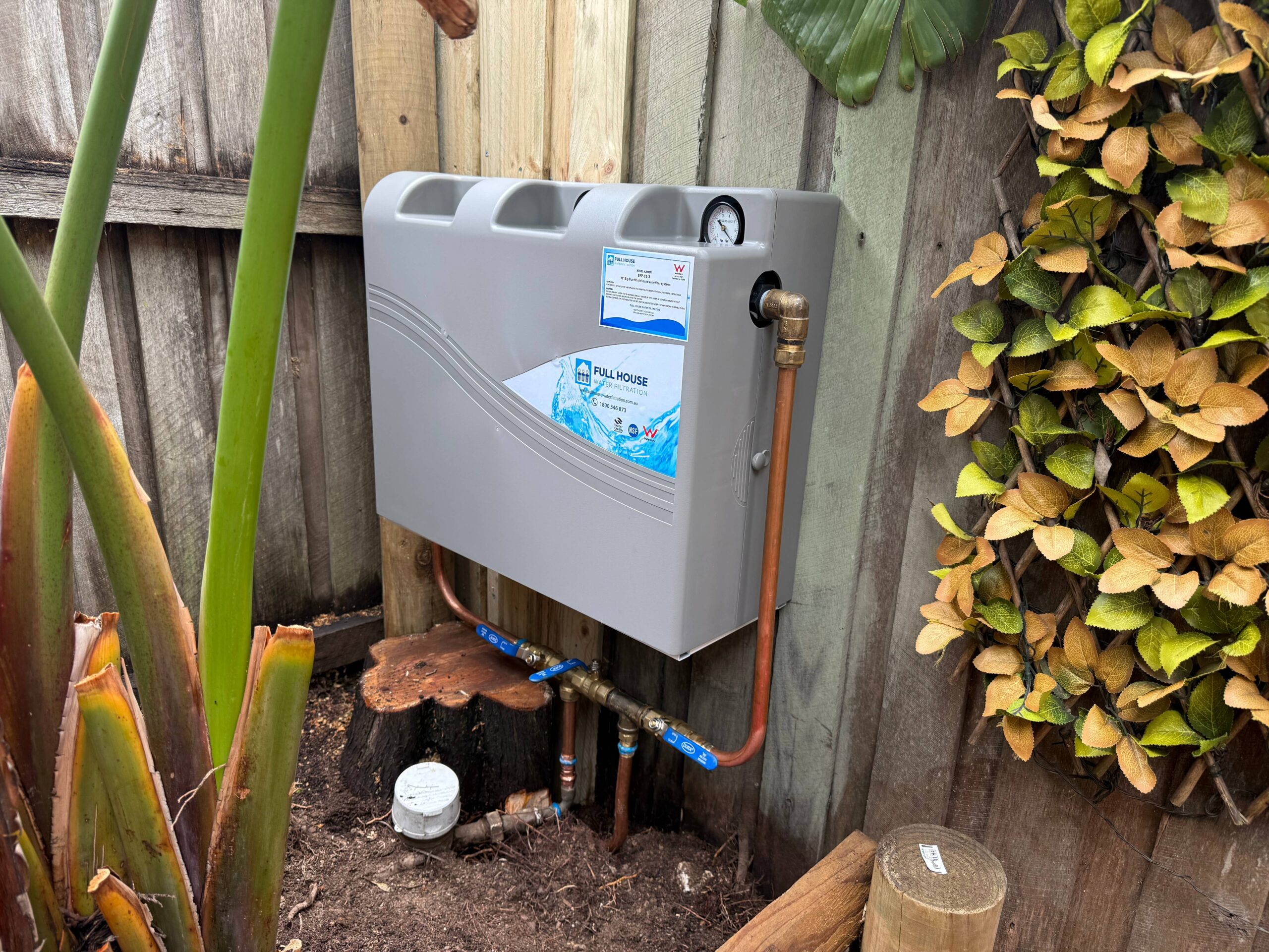 A professional multi-stage bore water filtration system installed on a rural Sydney property.