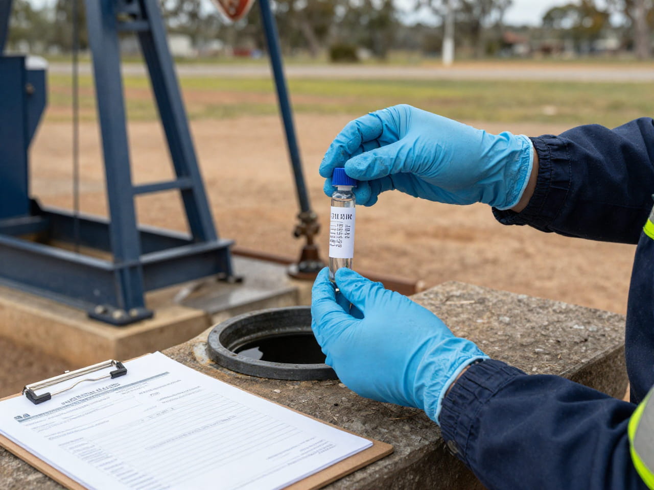 A technician taking a water sample for bore water treatment and laboratory analysis in New South Wales.
